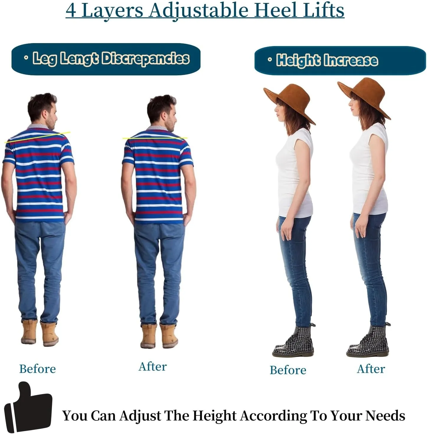 Adjustable Heel Lifts for Shoes, 4 Layer 1/4" Height Increase Inserts for Achilles Tendonitis, Heel Pain, Leg Length Discrepancies,Shoe Lifts (1 Pair, M Women 9-11.5 Men 7-10.5)