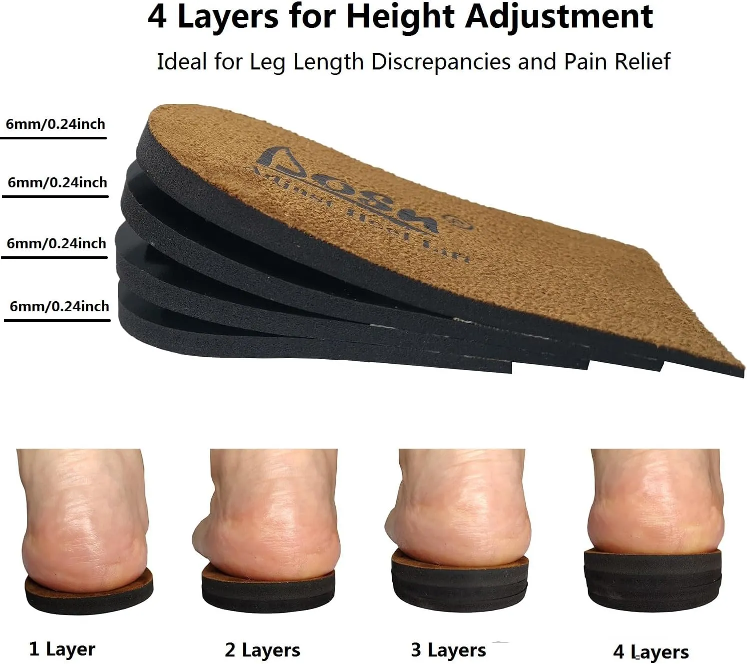 Adjustable Heel Lifts for Shoes, 4 Layer 1/4" Height Increase Inserts for Achilles Tendonitis, Heel Pain, Leg Length Discrepancies,Shoe Lifts (1 Pair, M Women 9-11.5 Men 7-10.5)