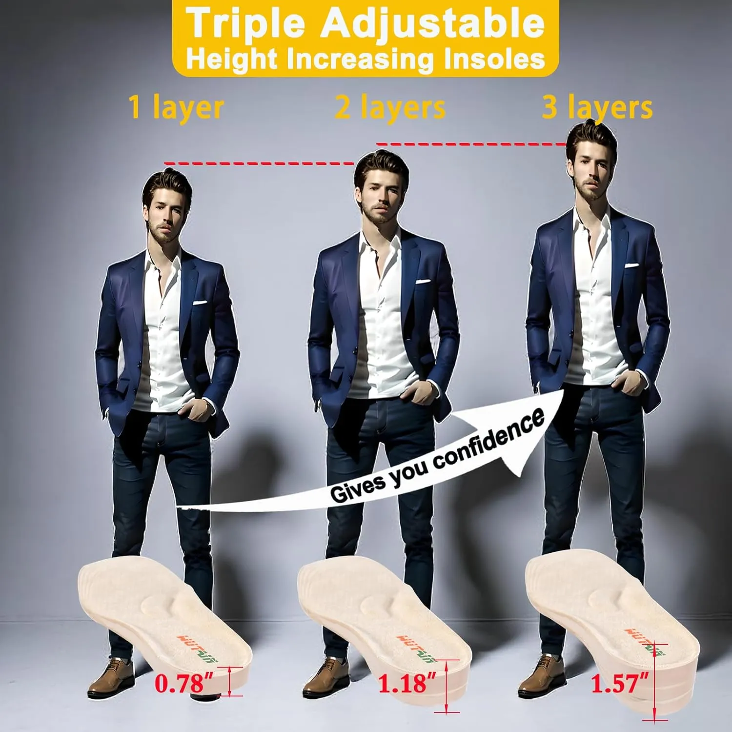 Adjustable Height Increase Insoles for Women Men 3 Layers Gel Heel Lift for Leg Length Discrepancy,Heel Pain,Spurs,Achilles Tendinitis, Shoe Lifts Increase by 1.57 Inches 1 Pair Large