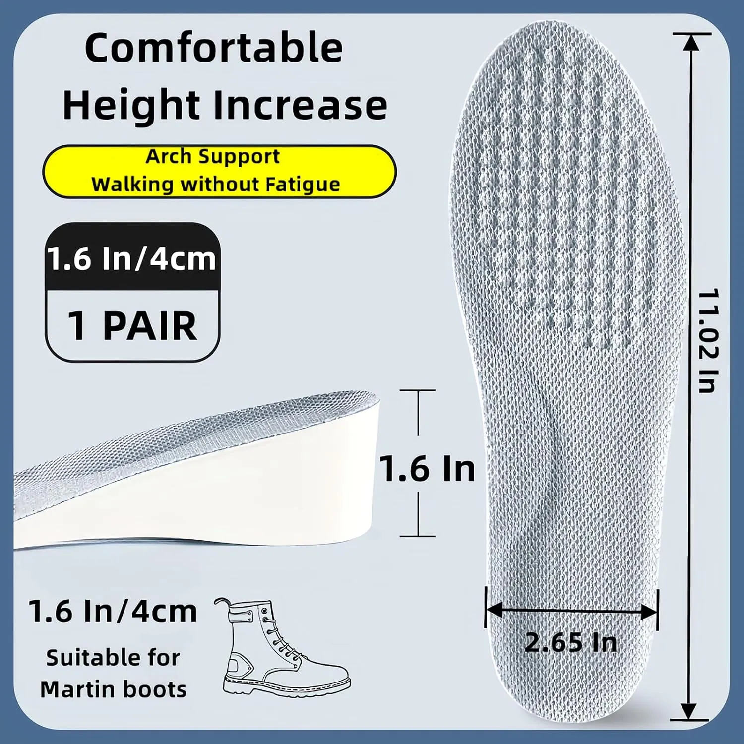 Brandone Height Increase Insoles 1,2,3 Inch for Men Woman Kids,Height Boosting Shoes,Mens Shoe Lifts for Woman,Shoe Wedges Inserts,Highpads 2.0,Rizzsoles,Heel Lifts (11.02''Lx1.6''UP) (1 Pair)