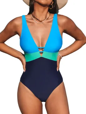 CUPSHE Women One Piece Swimsuit Bathing Suit Cutout V Neck Adjustable Straps Color Block O Ring