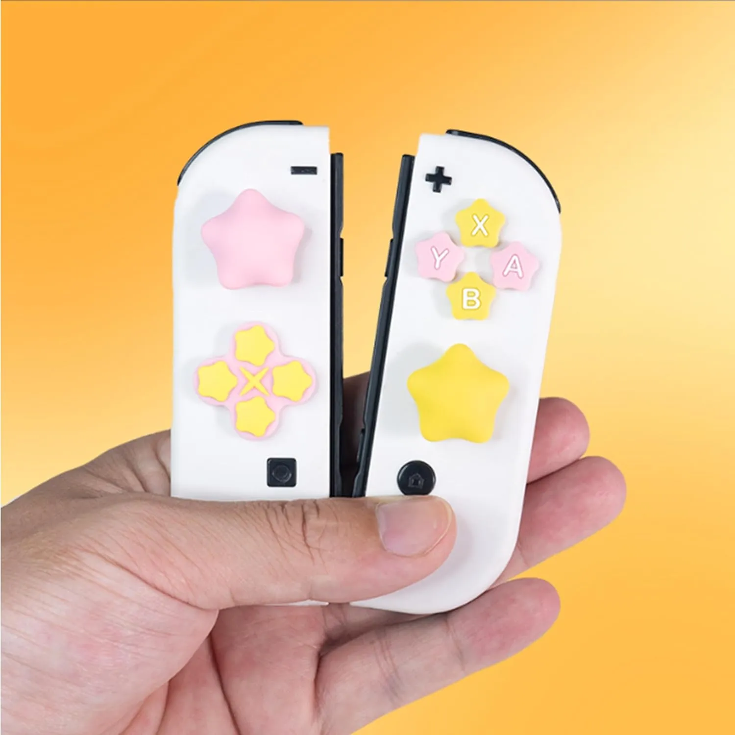 Cute Silicone Cross D-Pad Button Caps Silicone Thumb Grips Set, ABXY Key Buttons Sticker Joystick Cover Caps Compatible with Nintedo Switch/OLED- Star (Yellow, Powder-2)