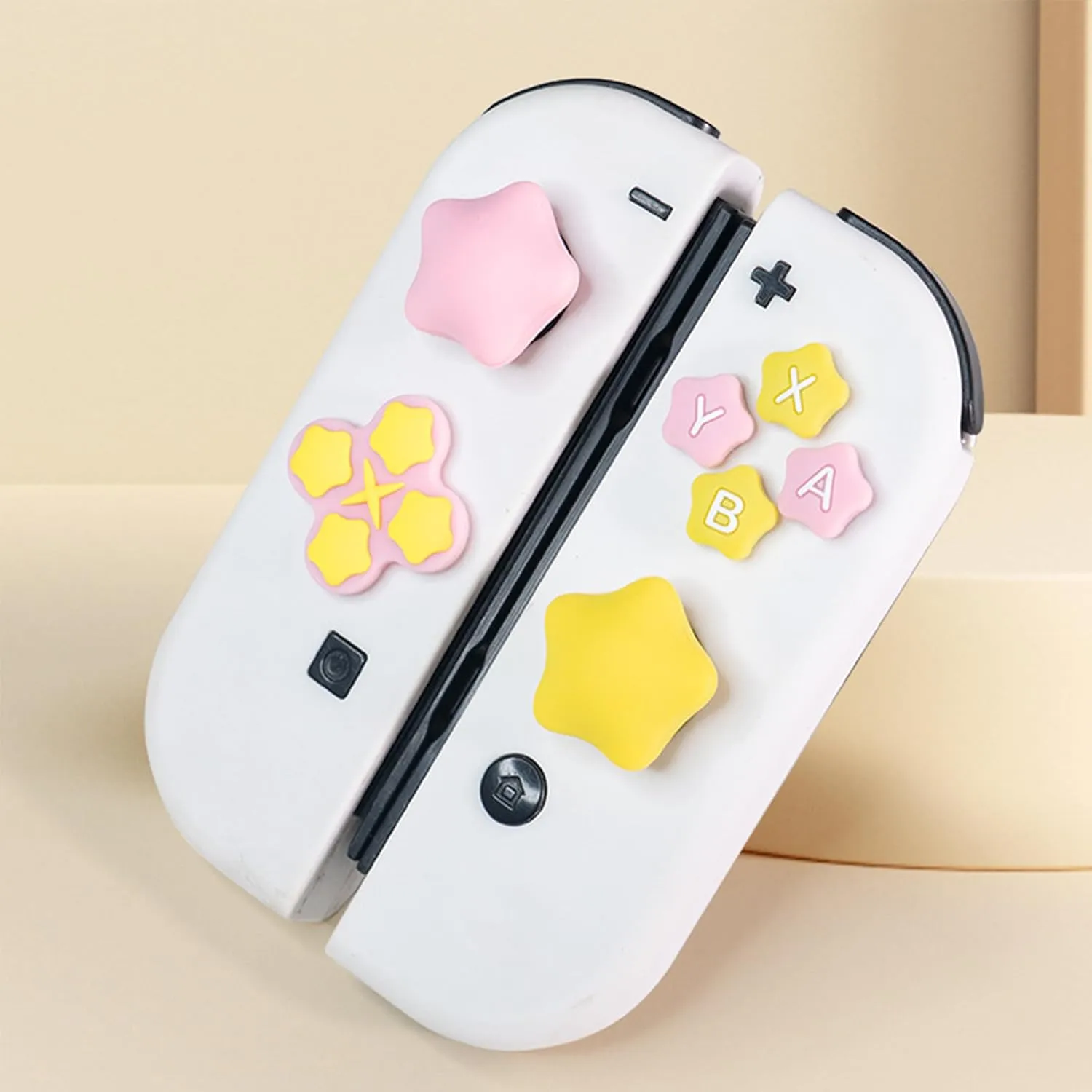 Cute Silicone Cross D-Pad Button Caps Silicone Thumb Grips Set, ABXY Key Buttons Sticker Joystick Cover Caps Compatible with Nintedo Switch/OLED- Star (Yellow, Powder-2)