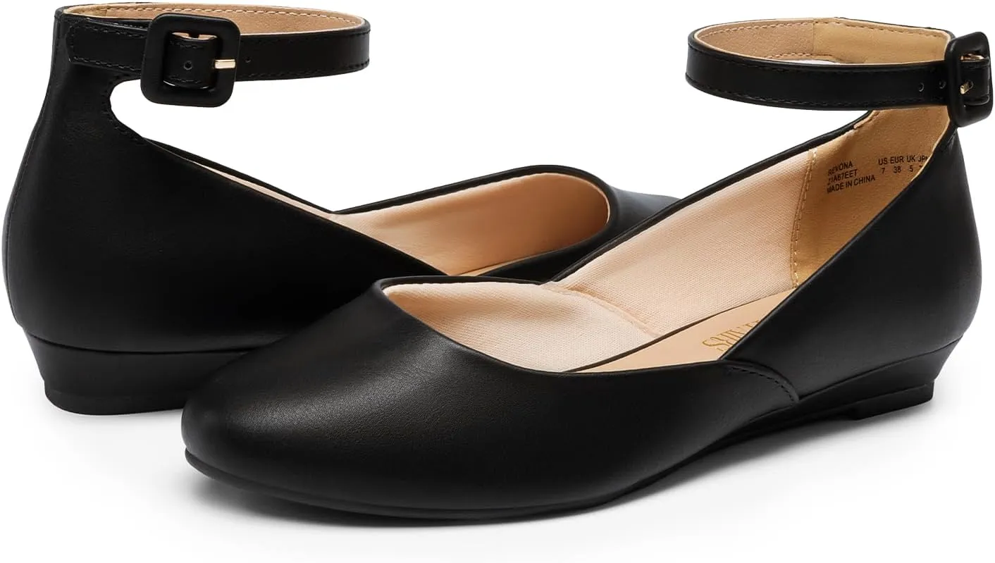 DREAM PAIRS Women's Dress Flats Ballet Low Wedge Round Toe Ankle Strap Comfortable Casual Flats Shoes