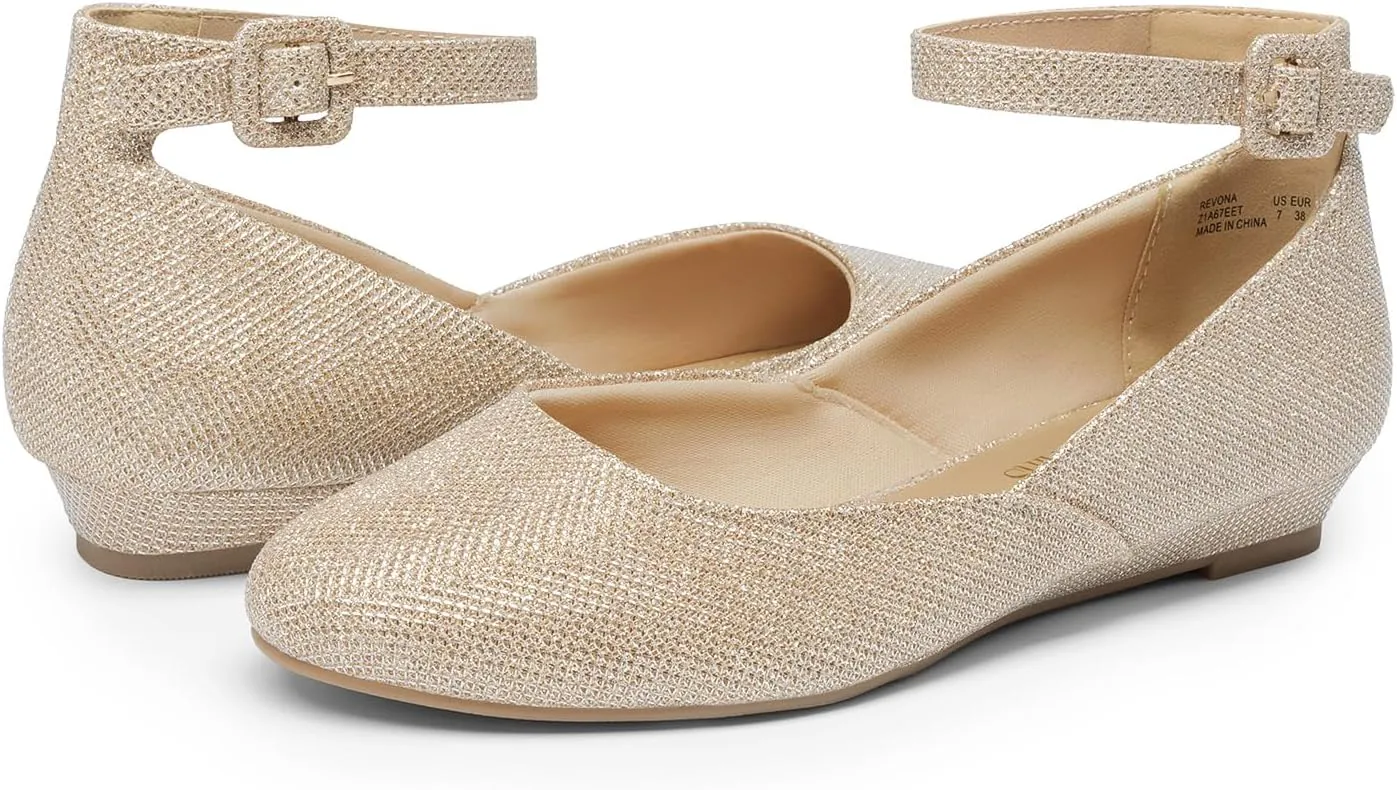 DREAM PAIRS Women's Dress Flats Ballet Low Wedge Round Toe Ankle Strap Comfortable Casual Flats Shoes