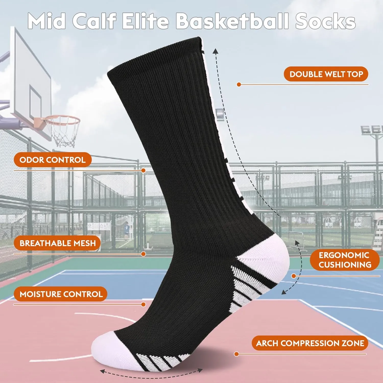 Finerview Elite Basketball Socks for Men 6 Pairs, High-Top Premium Mid Calf Athletic Socks for Adult & Youth