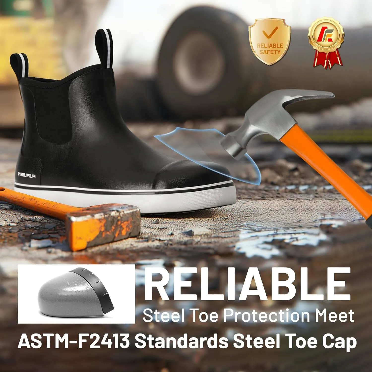 Furuian Men's Steel Toe Rain Boots Rubber Work Boots Waterproof Safety Shoes Ankle/Short Mud Boots Non Slip Chelsea Rain Shoes for Outdoor, Agriculture and Industrial Working