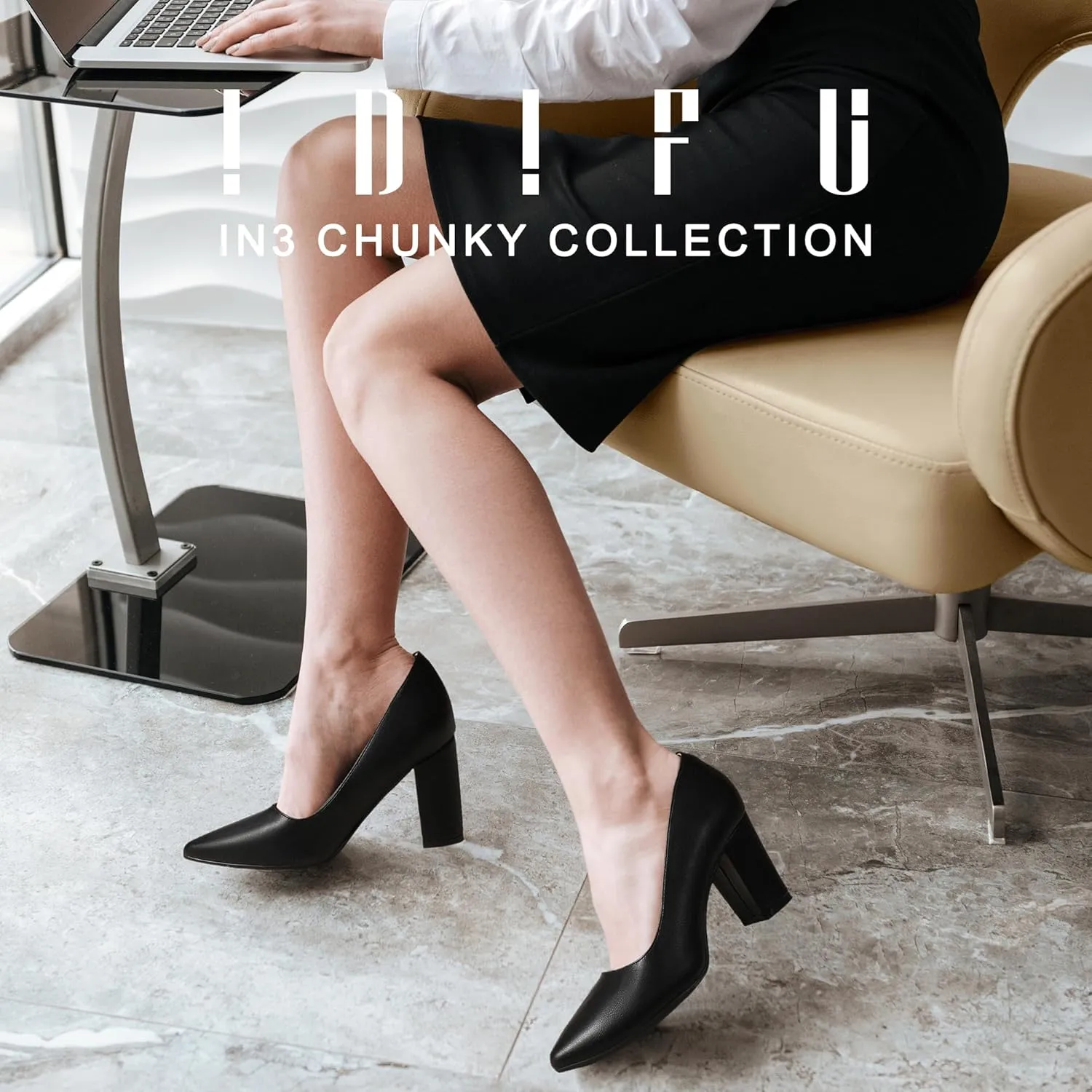 IDIFU Women's IN3 Classic Pumps Closed Toe Heels High Chunky Block Work Office Heels Comfortable Wedding Bridal Party Pointed Toe Dress Shoes for Women