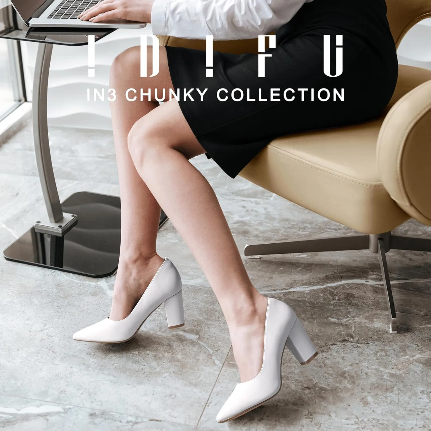 IDIFU Women's IN3 Classic Pumps Closed Toe Heels High Chunky Block Work Office Heels Comfortable Wedding Bridal Party Pointed Toe Dress Shoes for Women