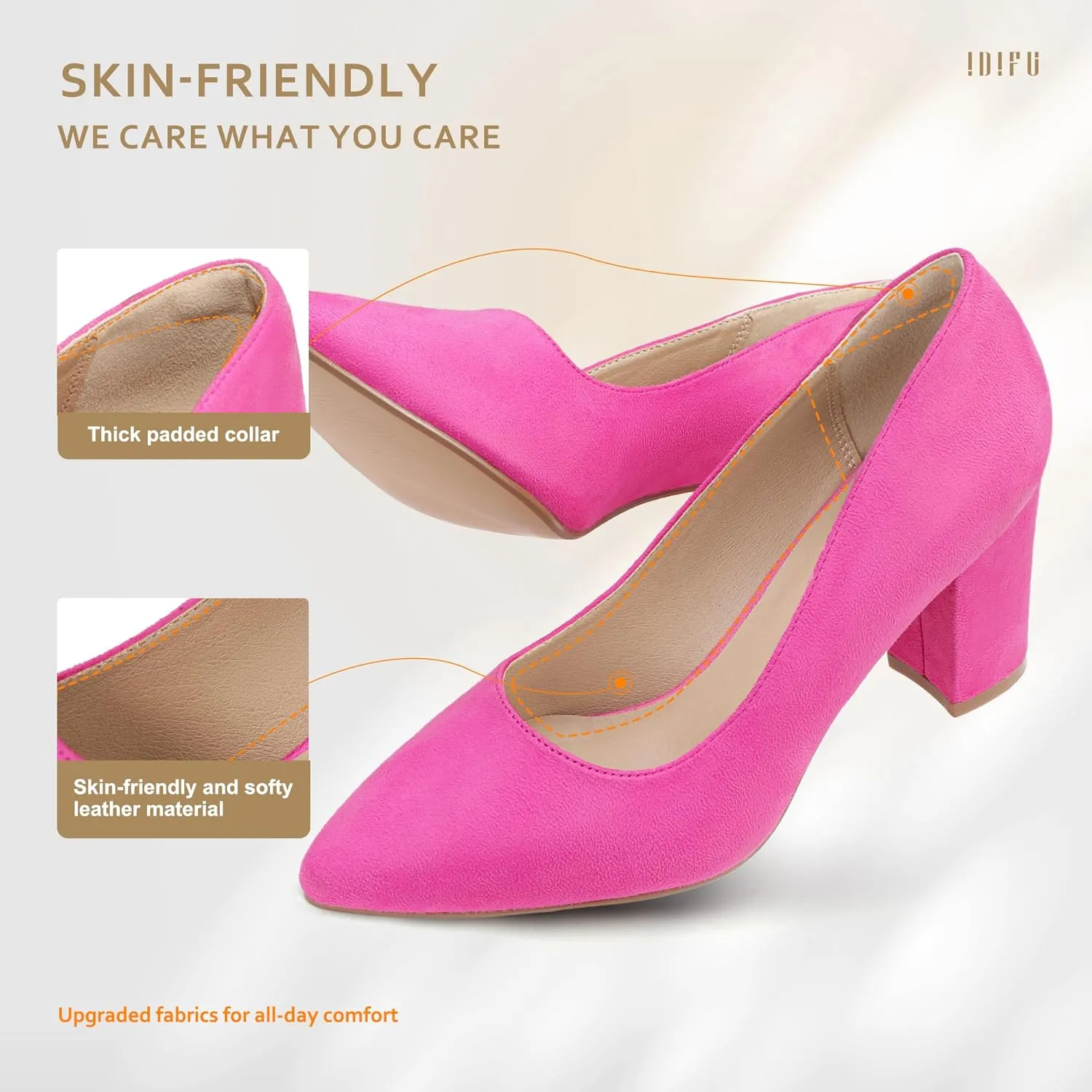 IDIFU Women's IN3 Classic Pumps Closed Toe Heels High Chunky Block Work Office Heels Comfortable Wedding Bridal Party Pointed Toe Dress Shoes for Women
