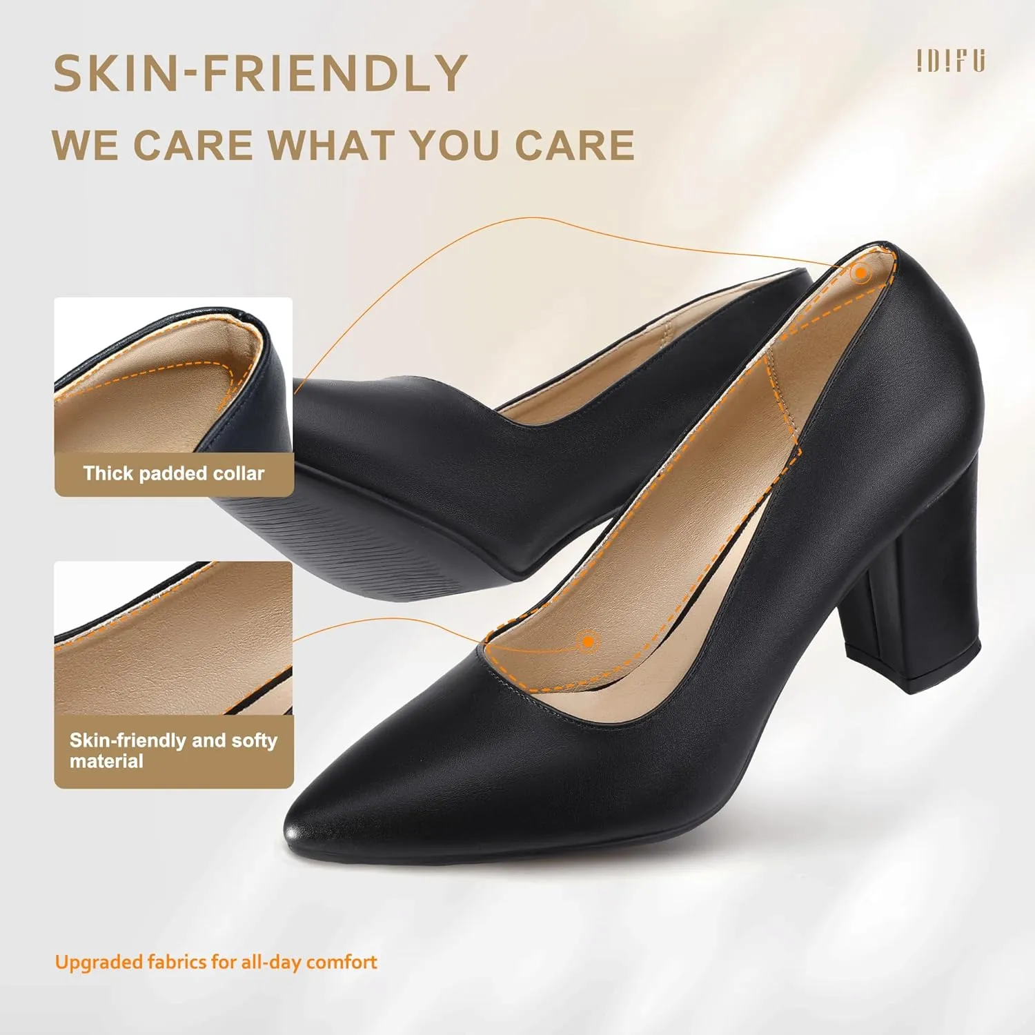 IDIFU Women's IN3 Classic Pumps Closed Toe Heels High Chunky Block Work Office Heels Comfortable Wedding Bridal Party Pointed Toe Dress Shoes for Women