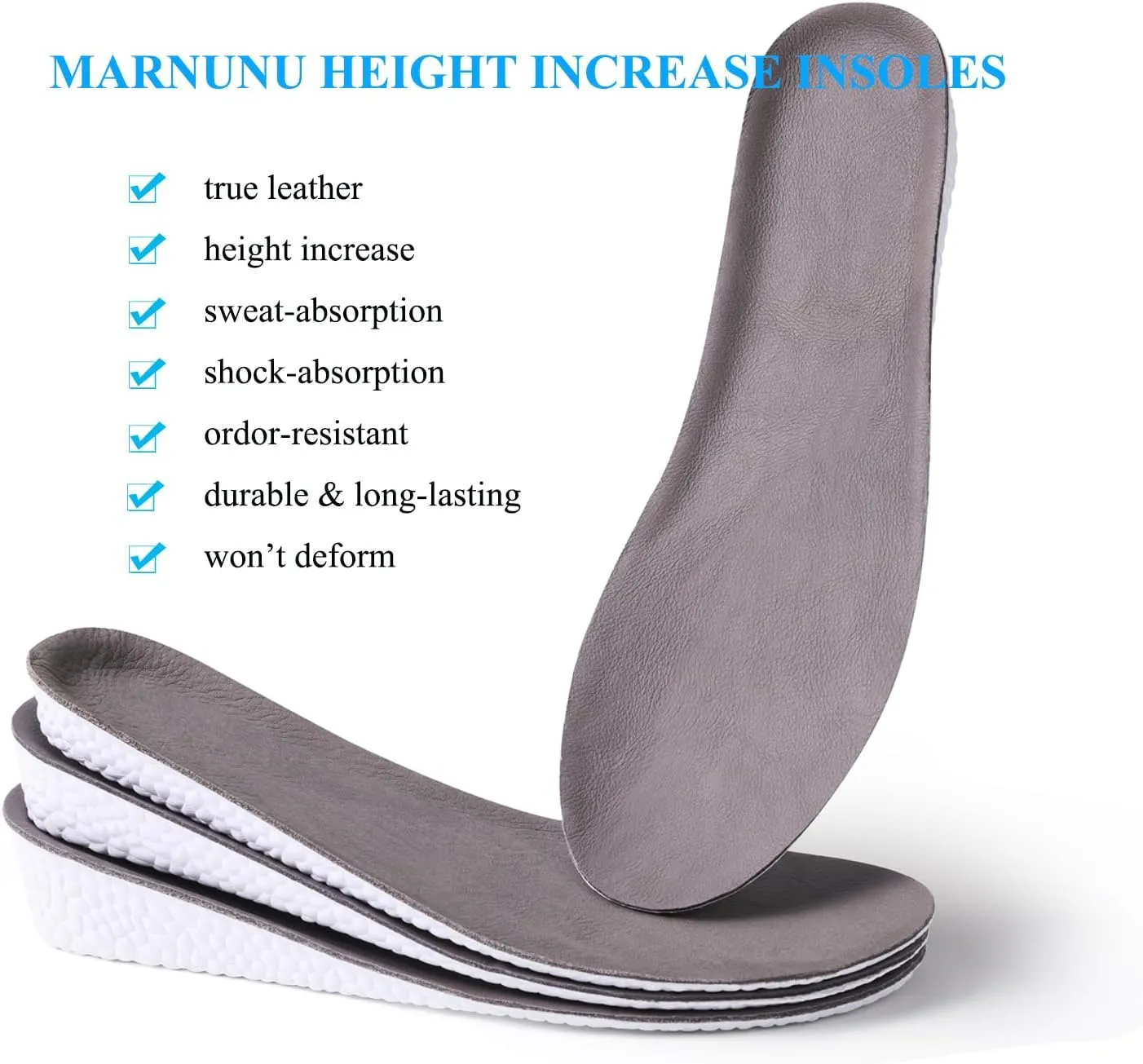 Leather Height Increase Insoles for Men Wowen Breathable Taller Cushion Shoes Insoles Heel Lift Inserts Elevator Insoles- Sweat & Shock Absorbing