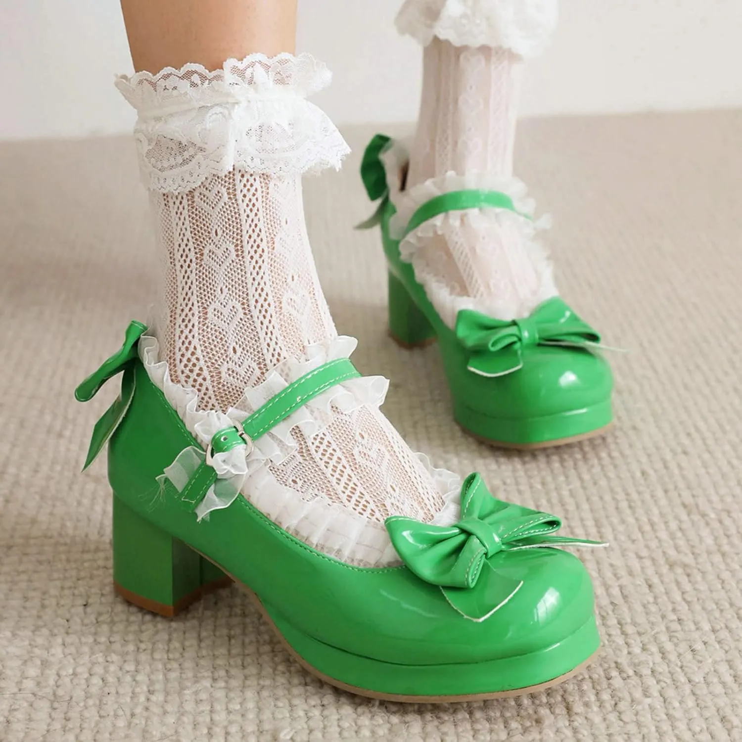 LUXMAX Women Kawaii Mid Block Heel Mary Jane Rockabilly Pumps with Bow Platform Chunky Heel Cute Sweet Shoes