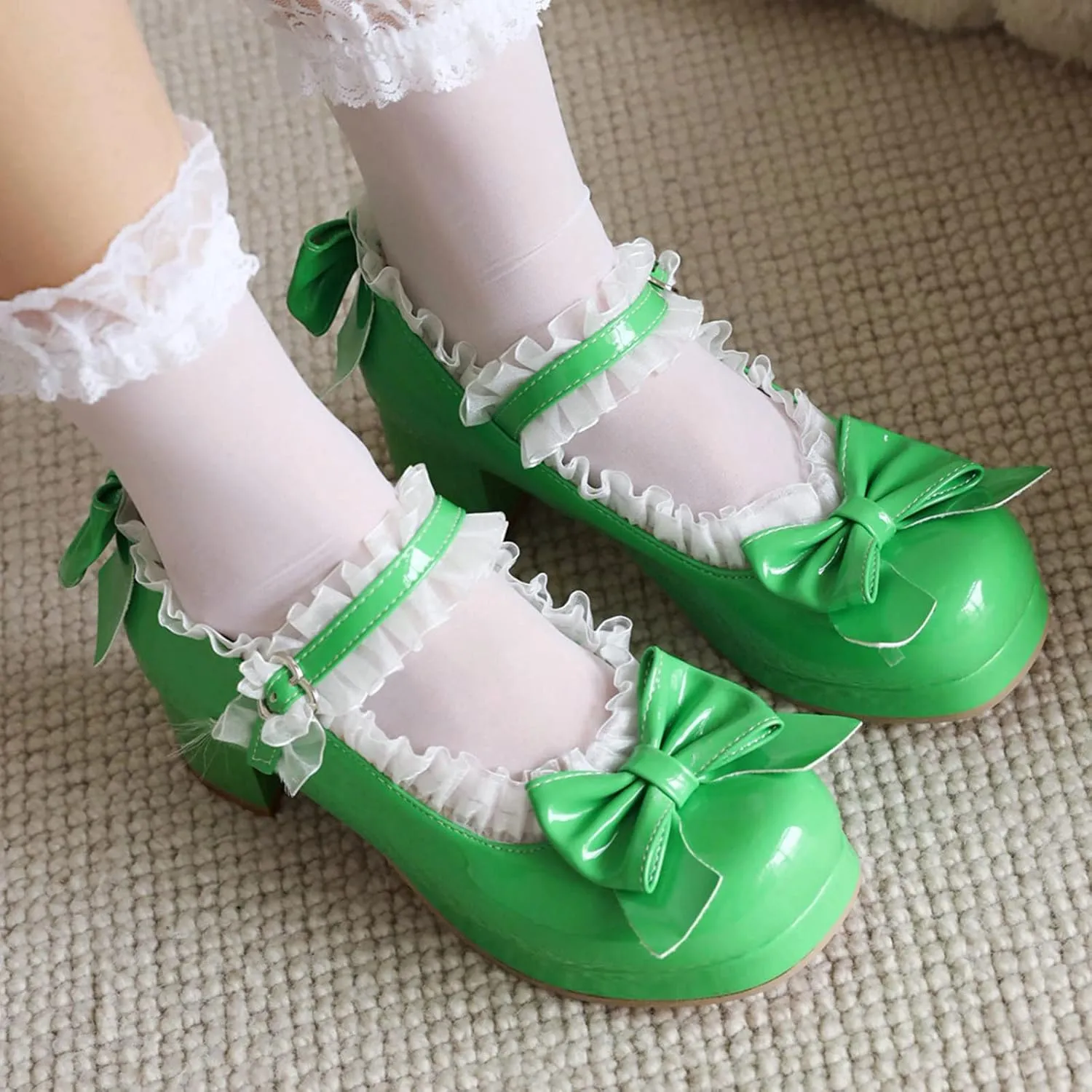 LUXMAX Women Kawaii Mid Block Heel Mary Jane Rockabilly Pumps with Bow Platform Chunky Heel Cute Sweet Shoes