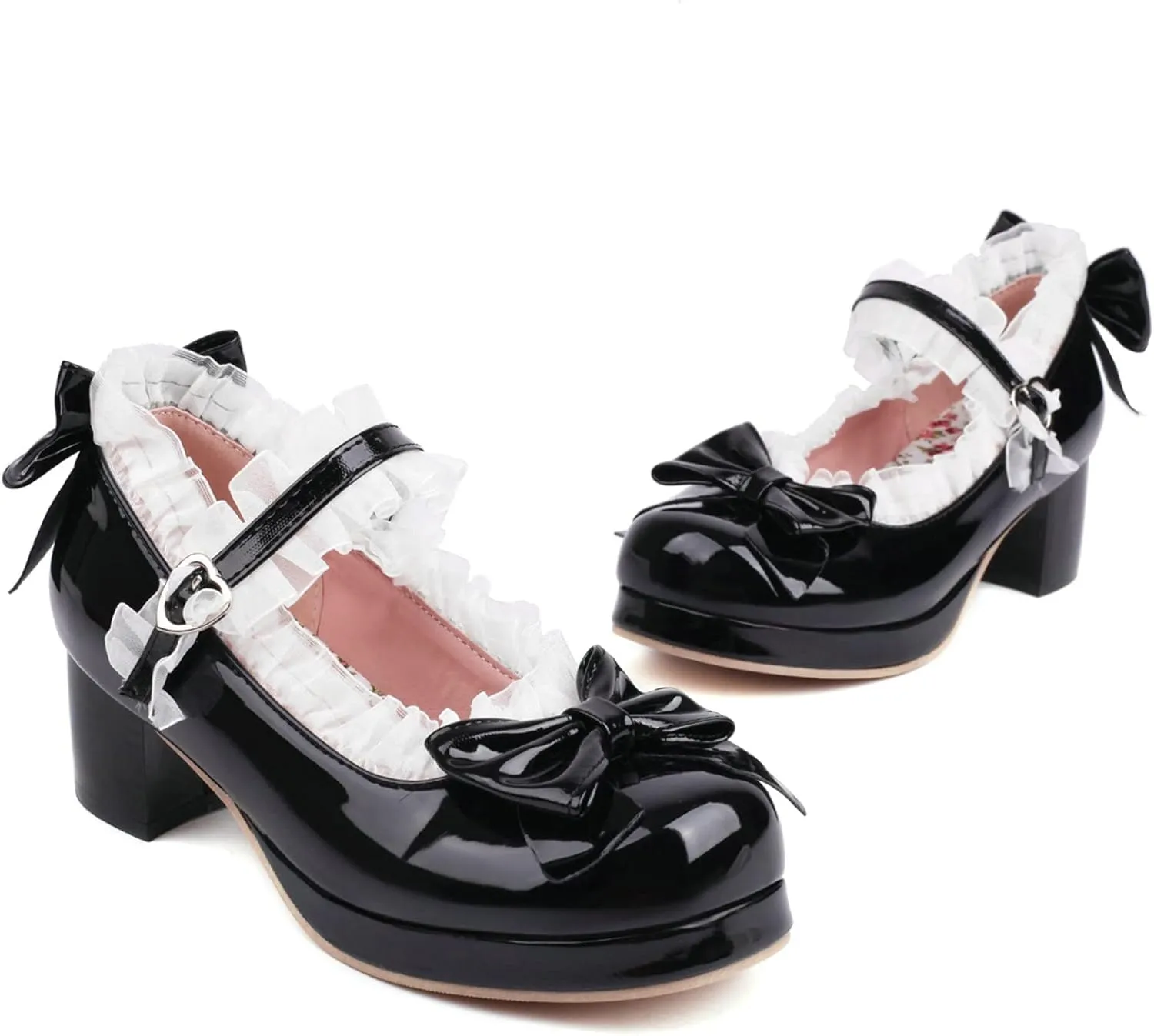 LUXMAX Women Kawaii Mid Block Heel Mary Jane Rockabilly Pumps with Bow Platform Chunky Heel Cute Sweet Shoes