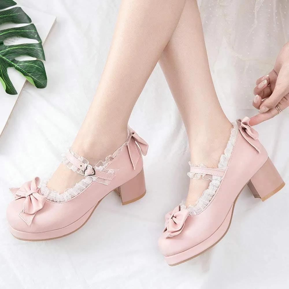 LUXMAX Women Kawaii Mid Block Heel Mary Jane Rockabilly Pumps with Bow Platform Chunky Heel Cute Sweet Shoes