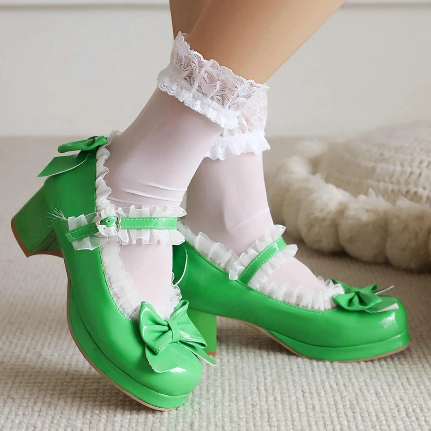 LUXMAX Women Kawaii Mid Block Heel Mary Jane Rockabilly Pumps with Bow Platform Chunky Heel Cute Sweet Shoes