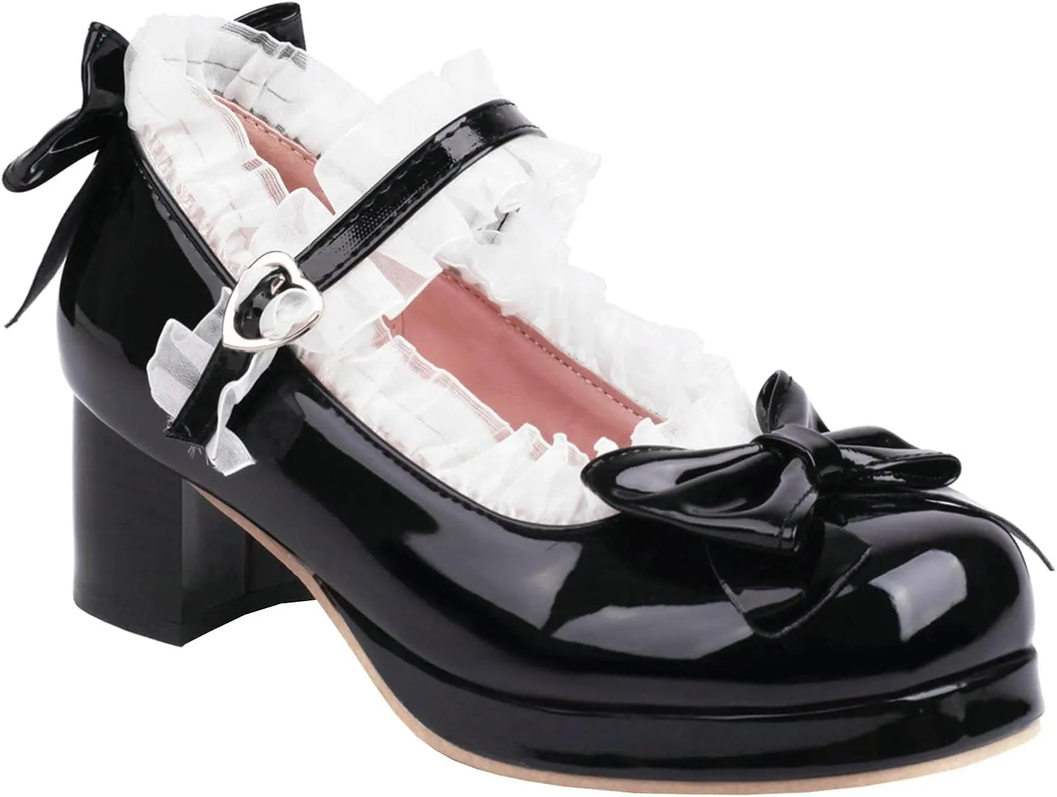 LUXMAX Women Kawaii Mid Block Heel Mary Jane Rockabilly Pumps with Bow Platform Chunky Heel Cute Sweet Shoes