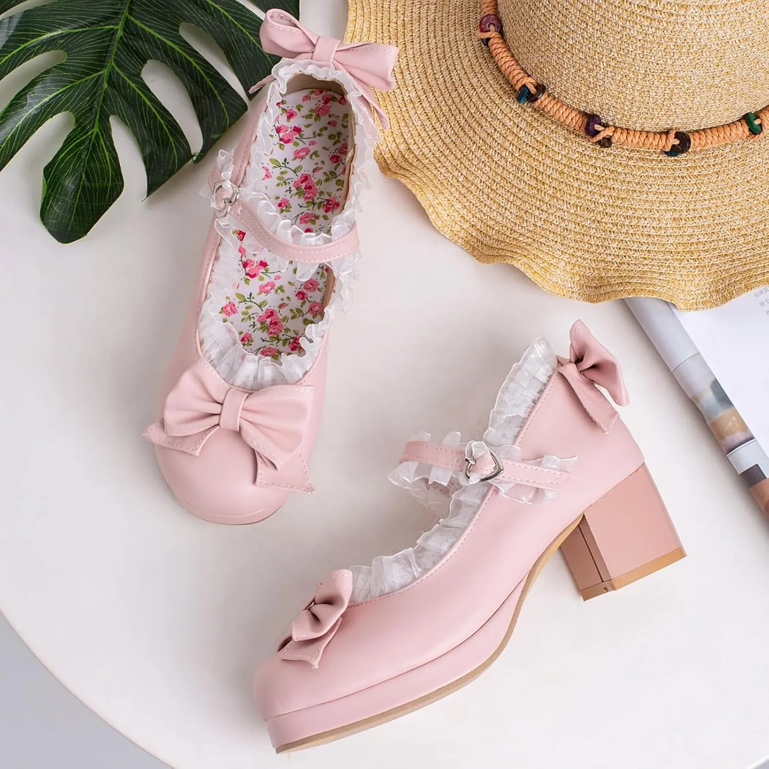 LUXMAX Women Kawaii Mid Block Heel Mary Jane Rockabilly Pumps with Bow Platform Chunky Heel Cute Sweet Shoes