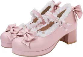 LUXMAX Women Kawaii Mid Block Heel Mary Jane Rockabilly Pumps with Bow Platform Chunky Heel Cute Sweet Shoes