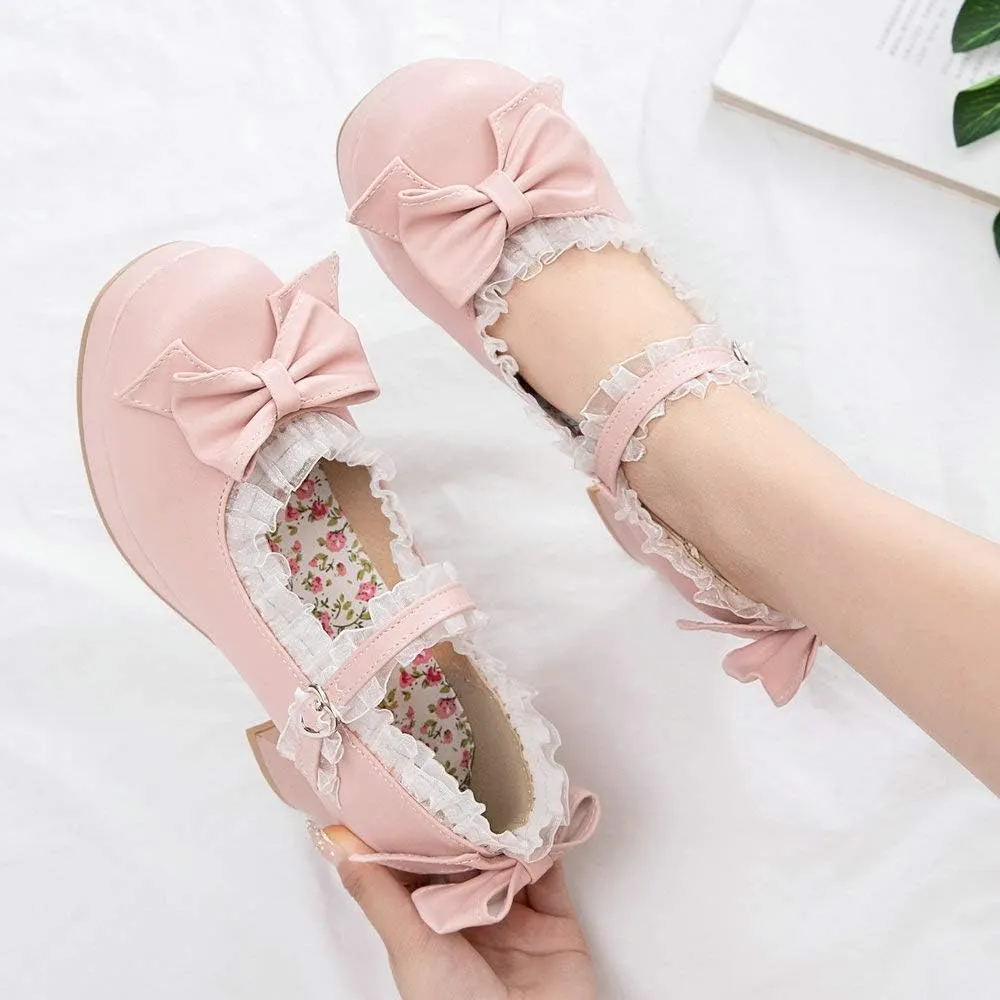 LUXMAX Women Kawaii Mid Block Heel Mary Jane Rockabilly Pumps with Bow Platform Chunky Heel Cute Sweet Shoes