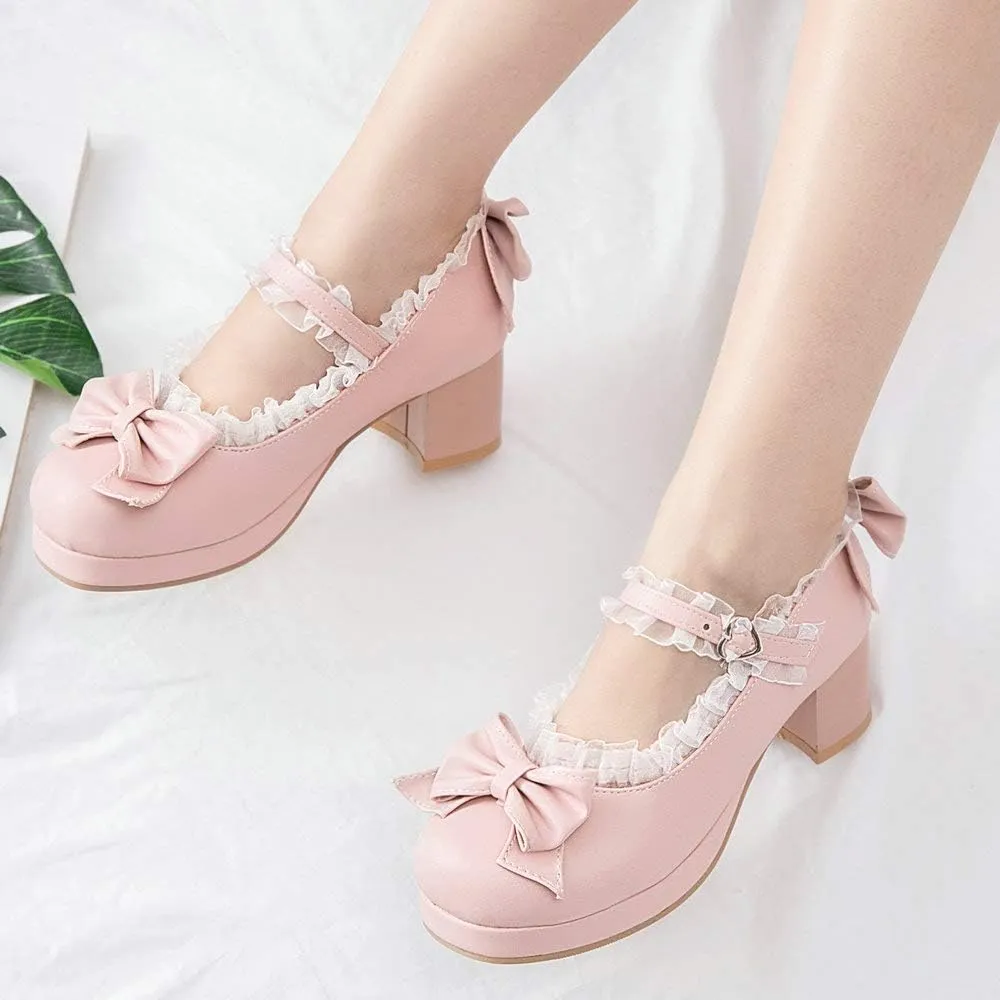 LUXMAX Women Kawaii Mid Block Heel Mary Jane Rockabilly Pumps with Bow Platform Chunky Heel Cute Sweet Shoes