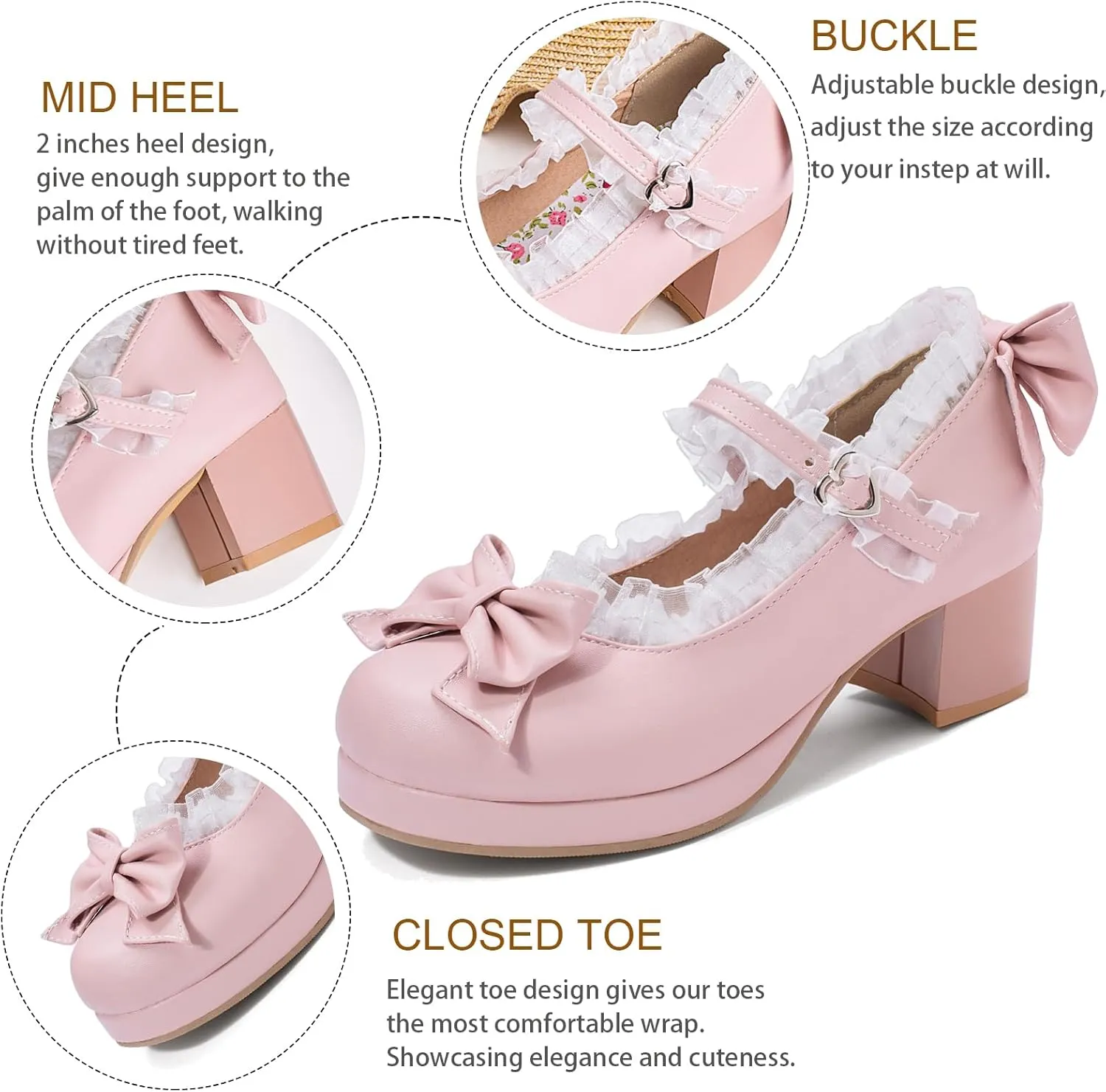 LUXMAX Women Kawaii Mid Block Heel Mary Jane Rockabilly Pumps with Bow Platform Chunky Heel Cute Sweet Shoes