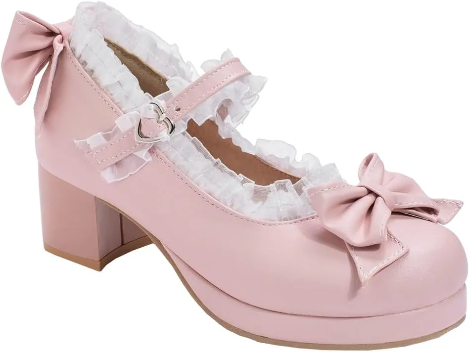 LUXMAX Women Kawaii Mid Block Heel Mary Jane Rockabilly Pumps with Bow Platform Chunky Heel Cute Sweet Shoes