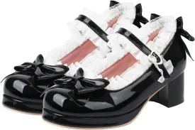 LUXMAX Women Kawaii Mid Block Heel Mary Jane Rockabilly Pumps with Bow Platform Chunky Heel Cute Sweet Shoes