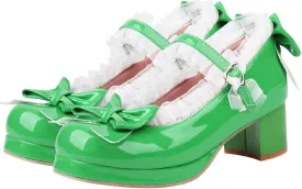 LUXMAX Women Kawaii Mid Block Heel Mary Jane Rockabilly Pumps with Bow Platform Chunky Heel Cute Sweet Shoes