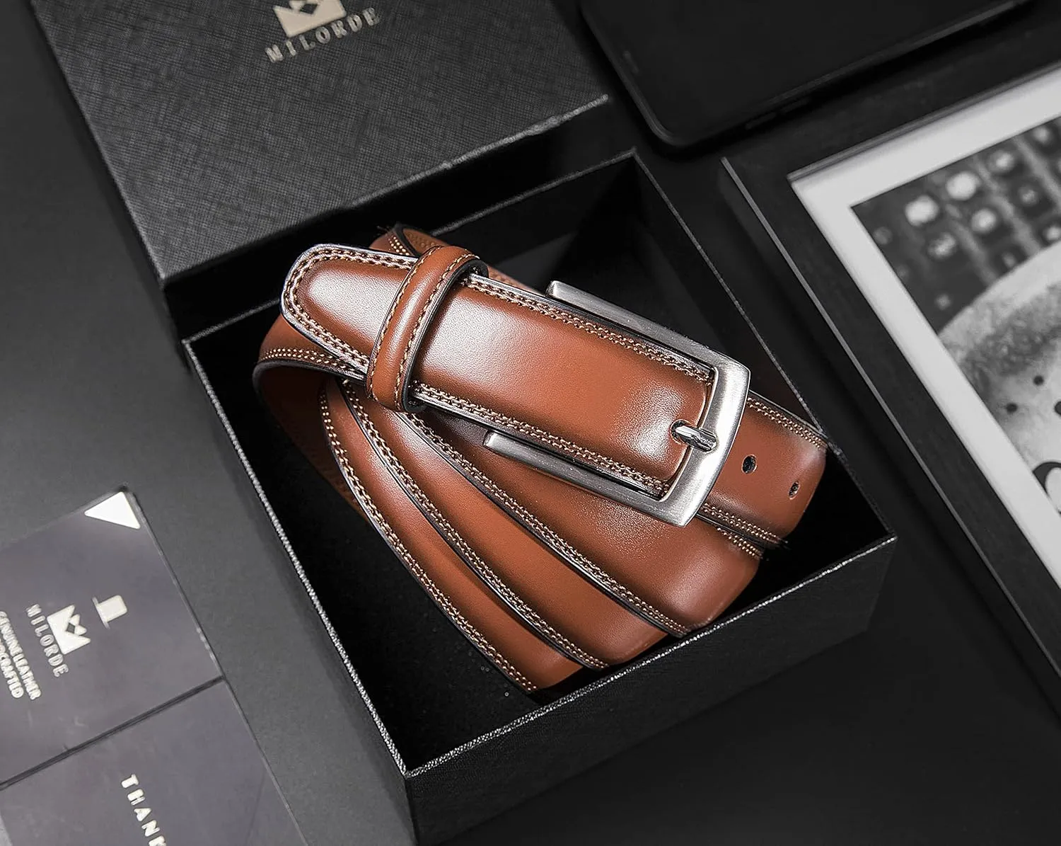 MILORDE Men's Genuine Leather Dress Belt, Handmade, 100% Cow Leather, Fashion & Classic Designs for Work Business and Casual