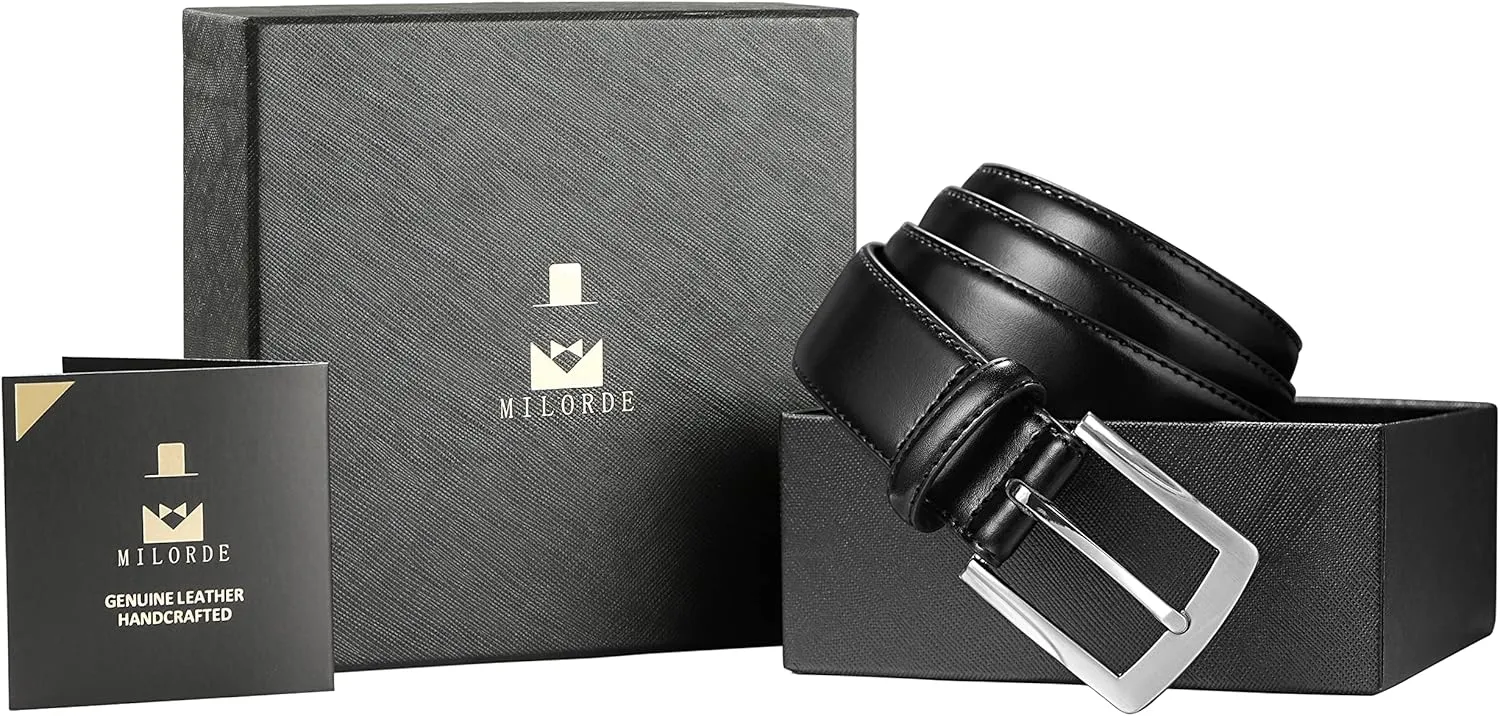 MILORDE Men's Genuine Leather Dress Belt, Handmade, 100% Cow Leather, Fashion & Classic Designs for Work Business and Casual