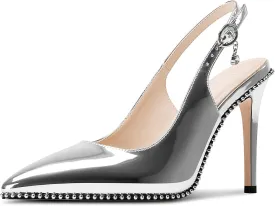 NobleOnly Slingback Beaded Pumps for Women High Stiletto Heel Pointed Toe Slip-on Dress Sandals Adjustable Buckle Rhinestone Patent Leather 3.9 Inches Heels