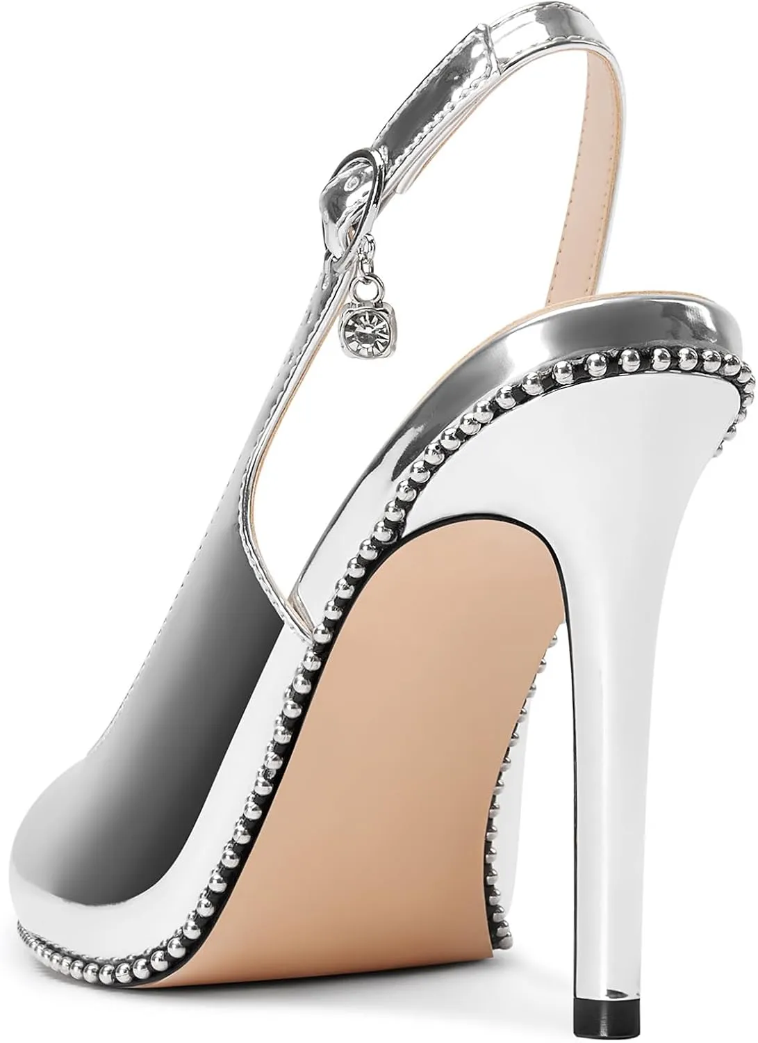 NobleOnly Slingback Beaded Pumps for Women High Stiletto Heel Pointed Toe Slip-on Dress Sandals Adjustable Buckle Rhinestone Patent Leather 3.9 Inches Heels