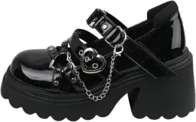 Parisuit Womens Goth Platform Mary Janes Heels Buckle Chain Punk Cosplay Shoes Ankle Strap Chunky Heel Round Toe Pumps
