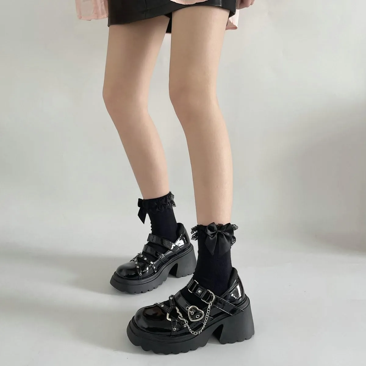 Parisuit Womens Goth Platform Mary Janes Heels Buckle Chain Punk Cosplay Shoes Ankle Strap Chunky Heel Round Toe Pumps
