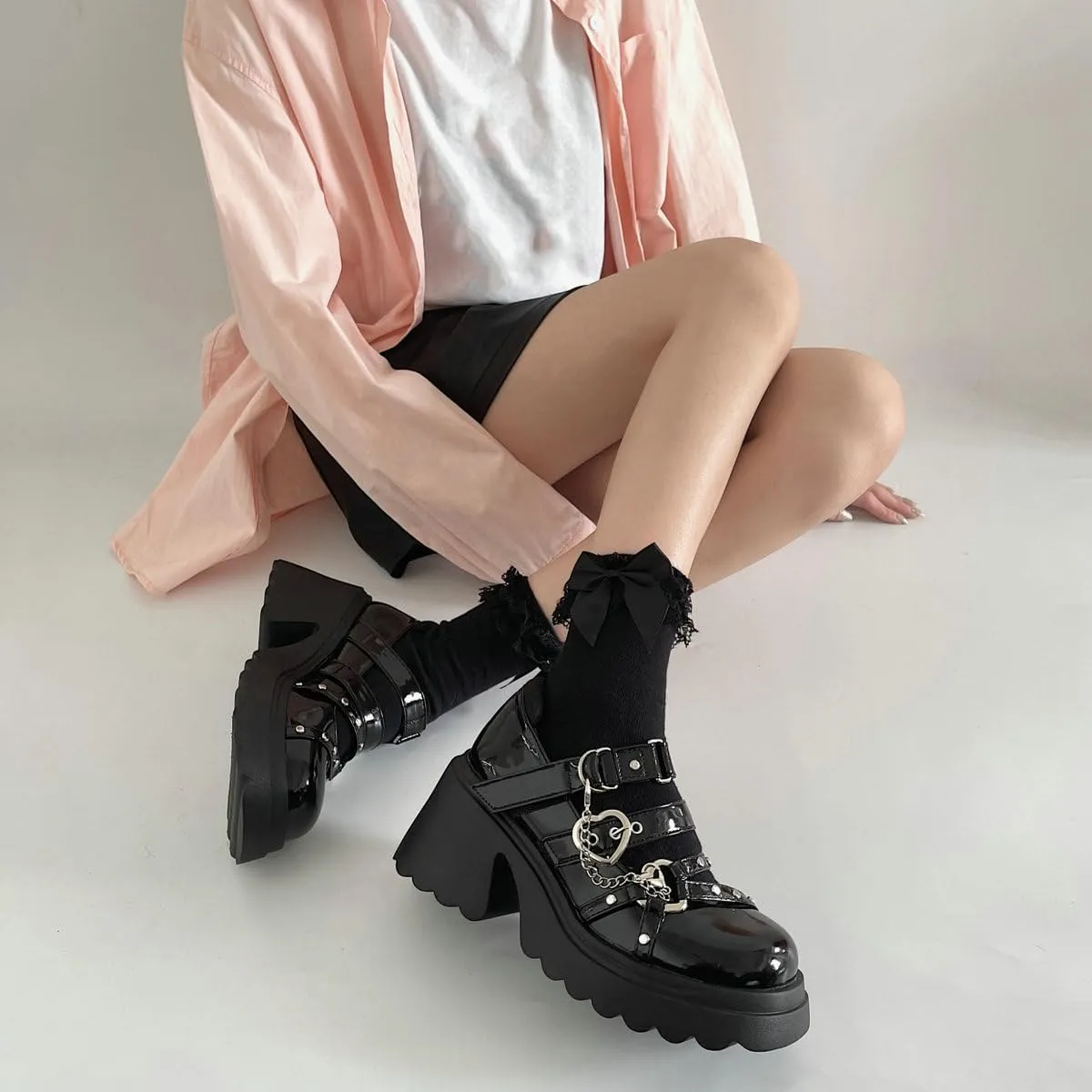 Parisuit Womens Goth Platform Mary Janes Heels Buckle Chain Punk Cosplay Shoes Ankle Strap Chunky Heel Round Toe Pumps