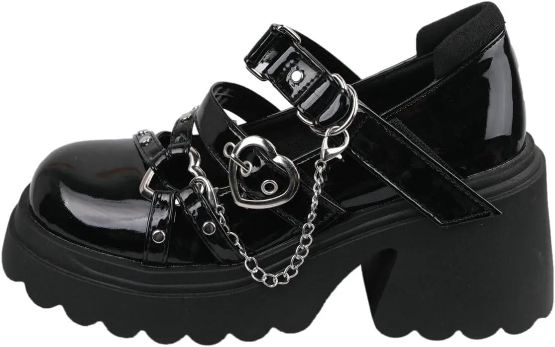 Parisuit Womens Goth Platform Mary Janes Heels Buckle Chain Punk Cosplay Shoes Ankle Strap Chunky Heel Round Toe Pumps