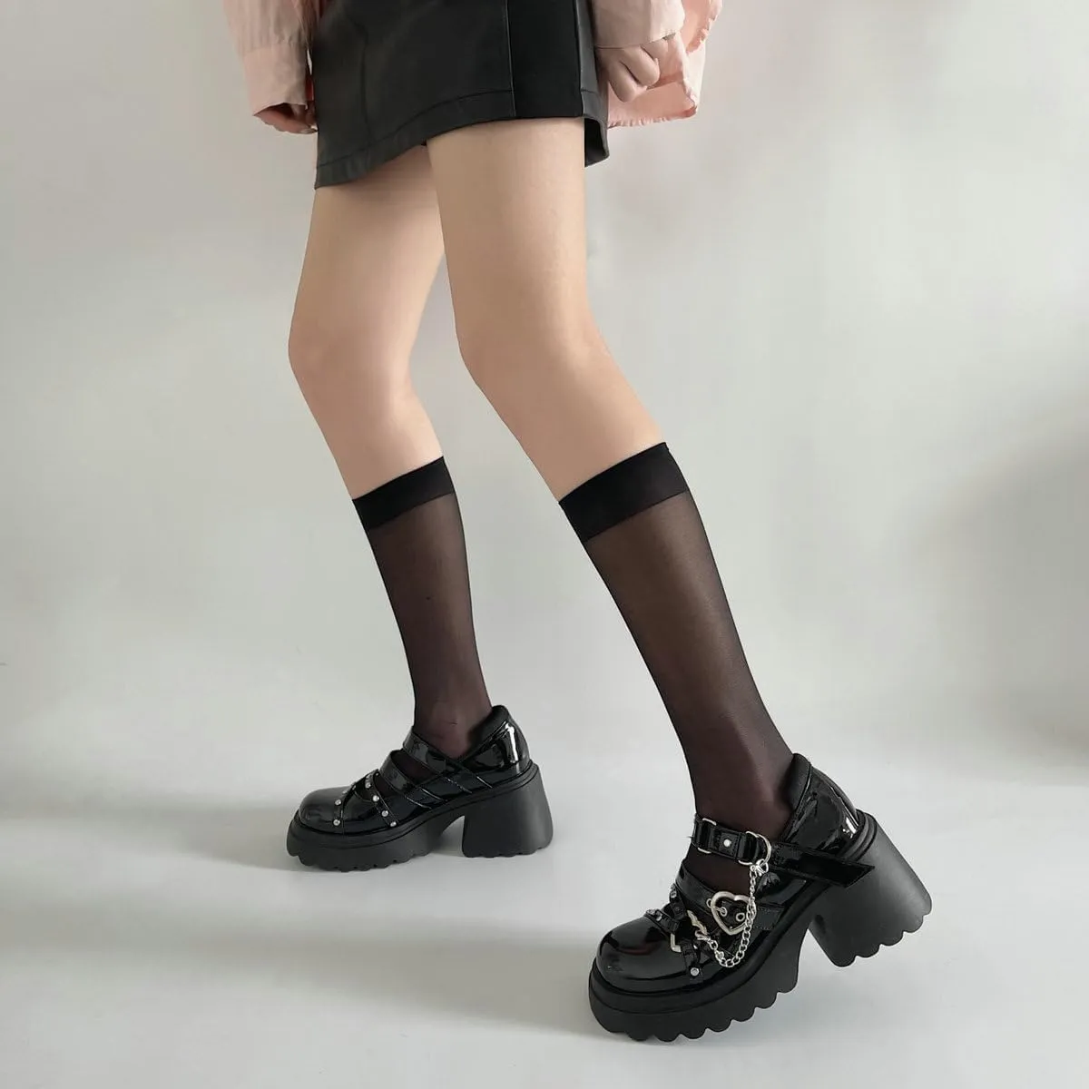 Parisuit Womens Goth Platform Mary Janes Heels Buckle Chain Punk Cosplay Shoes Ankle Strap Chunky Heel Round Toe Pumps
