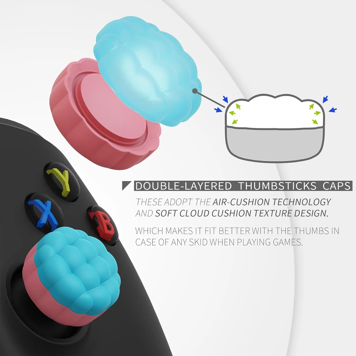 PlayVital Thumbs Cushion Caps Thumb Grips for ps5/ps4, Thumbstick Grip Cover Joystick Caps for Xbox Series X/S, Xbox One, Elite Series 2, Switch Pro - Puff Cloud Texture Design Aqua Blue & Coral Pink