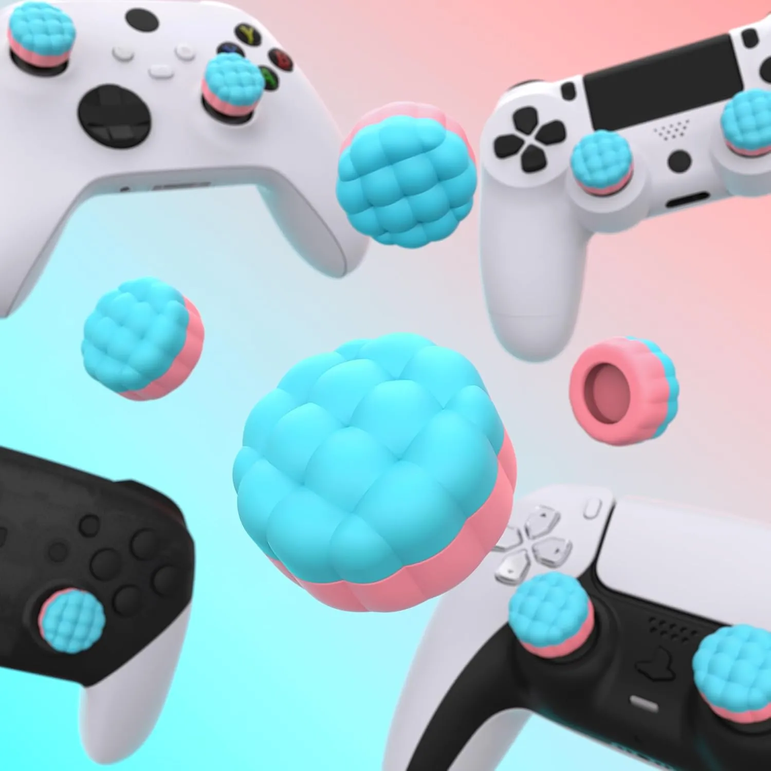 PlayVital Thumbs Cushion Caps Thumb Grips for ps5/ps4, Thumbstick Grip Cover Joystick Caps for Xbox Series X/S, Xbox One, Elite Series 2, Switch Pro - Puff Cloud Texture Design Aqua Blue & Coral Pink
