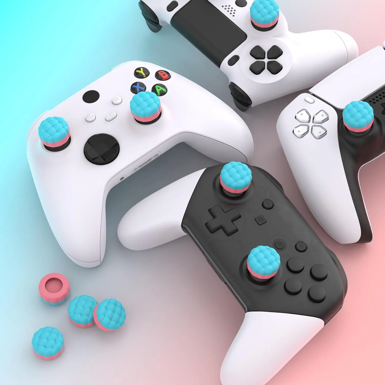 PlayVital Thumbs Cushion Caps Thumb Grips for ps5/ps4, Thumbstick Grip Cover Joystick Caps for Xbox Series X/S, Xbox One, Elite Series 2, Switch Pro - Puff Cloud Texture Design Aqua Blue & Coral Pink