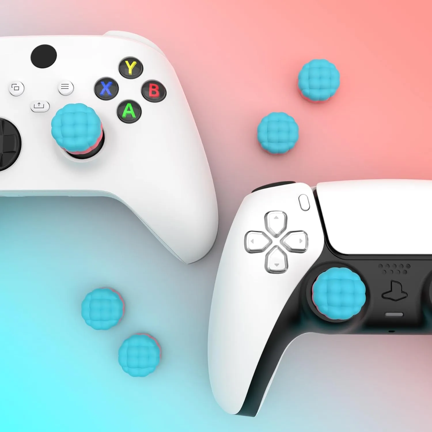 PlayVital Thumbs Cushion Caps Thumb Grips for ps5/ps4, Thumbstick Grip Cover Joystick Caps for Xbox Series X/S, Xbox One, Elite Series 2, Switch Pro - Puff Cloud Texture Design Aqua Blue & Coral Pink