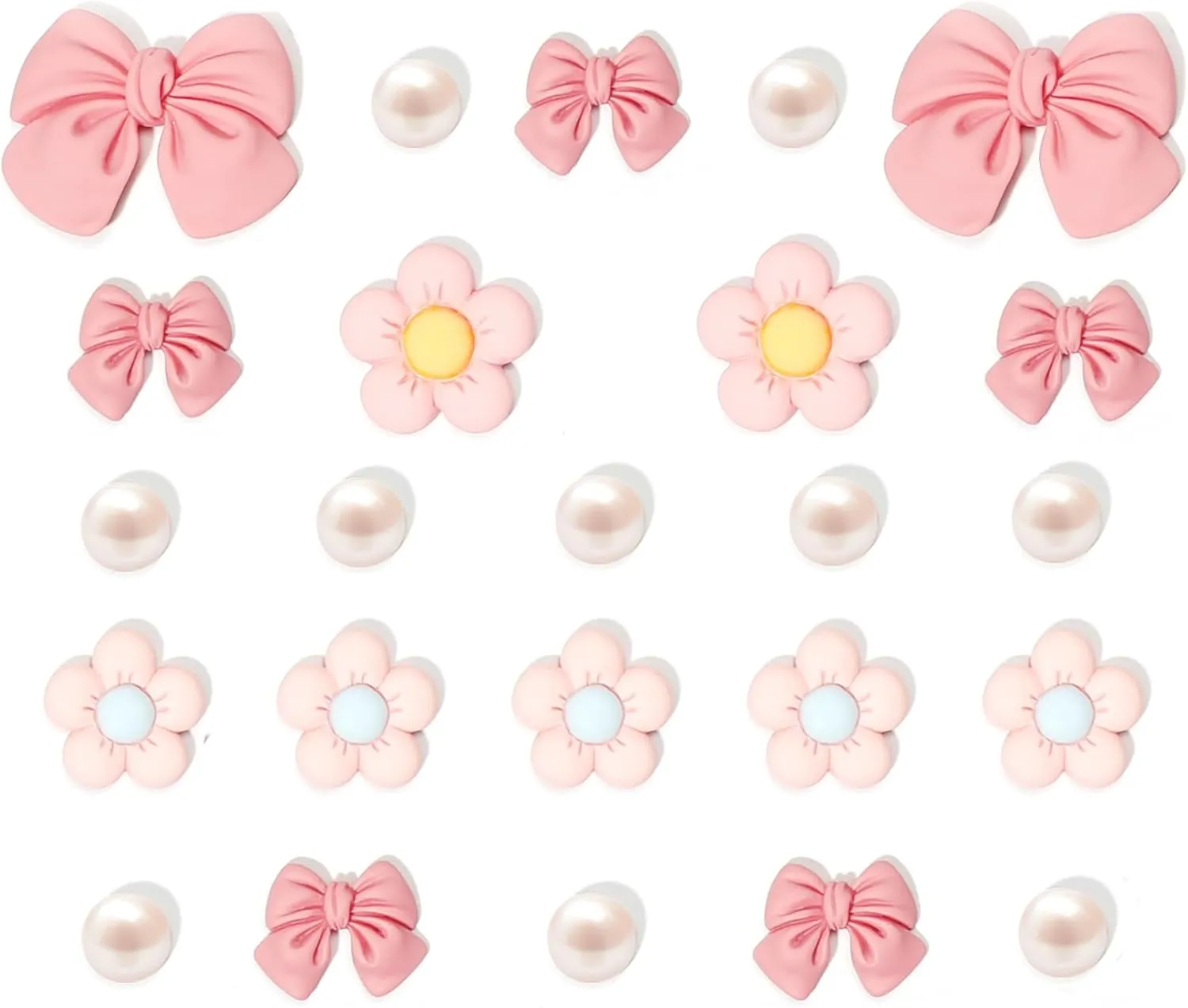 Resin Pink Bow Shoe Charms for Girls, 24Pcs Cute Flower Accessories for Clog Sandals, Pearl Decoration for Women, DIY Party Favor