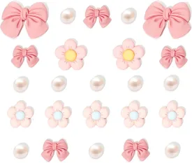 Resin Pink Bow Shoe Charms for Girls, 24Pcs Cute Flower Accessories for Clog Sandals, Pearl Decoration for Women, DIY Party Favor