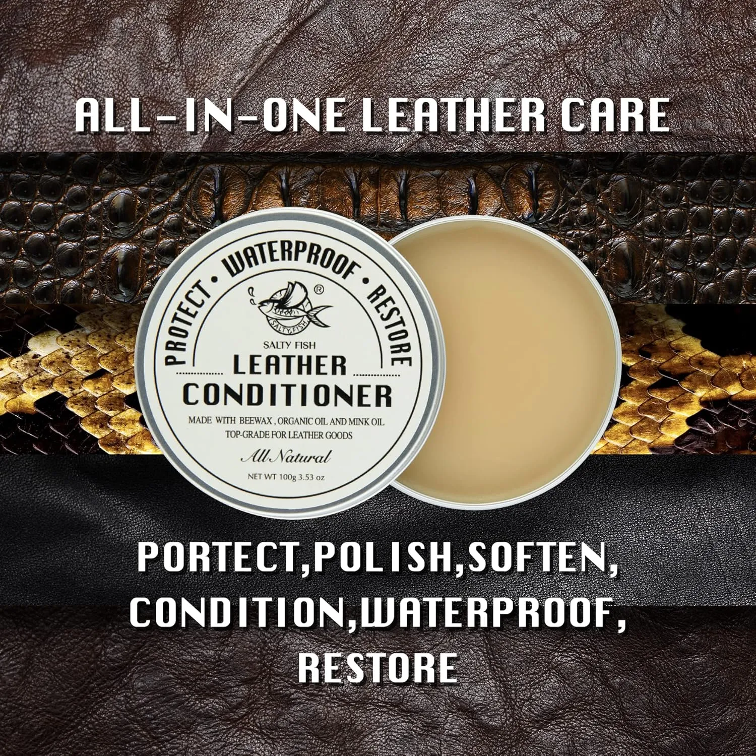SALTY FISH All-Natural Leather Conditioner and Cleaner,Made with Mink Oil Beeswax,Protect Soften Waterproof Leather Furniture,Car Seats,Shoes,Boots,Bags (3.53 Oz with Sponge)