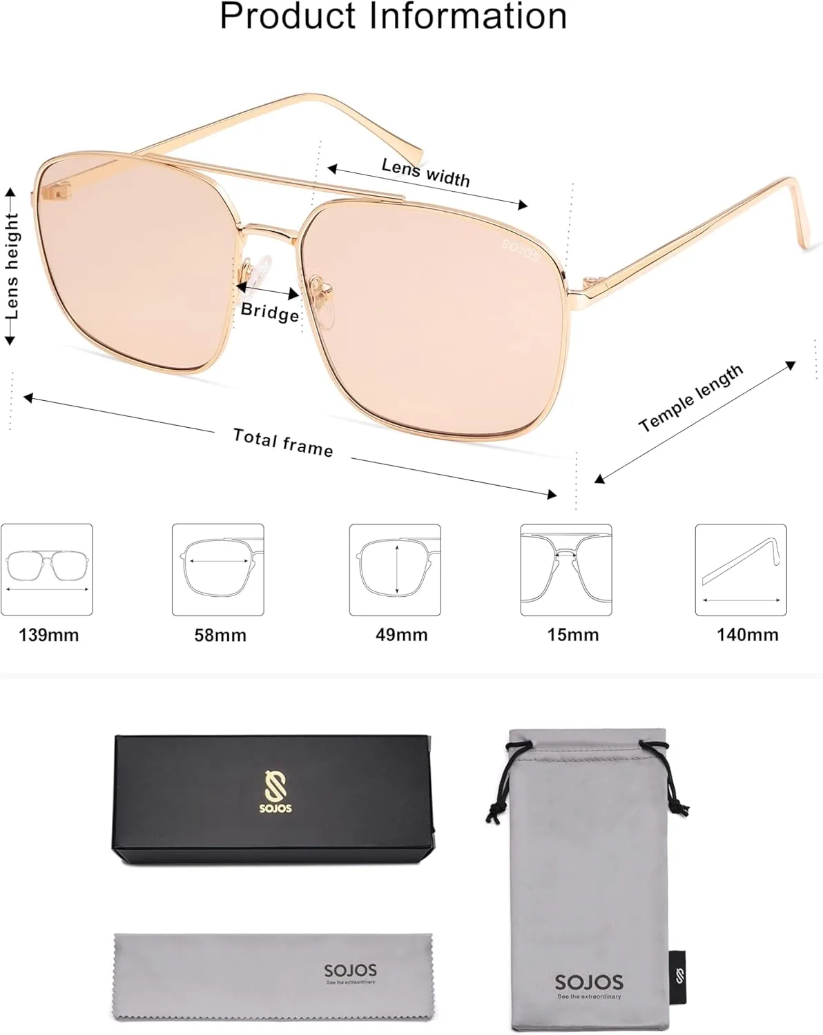 SOJOS Retro Square Aviator Sunglasses Womens Mens Aesthetic Y2k Light Lens Shades SJ1176