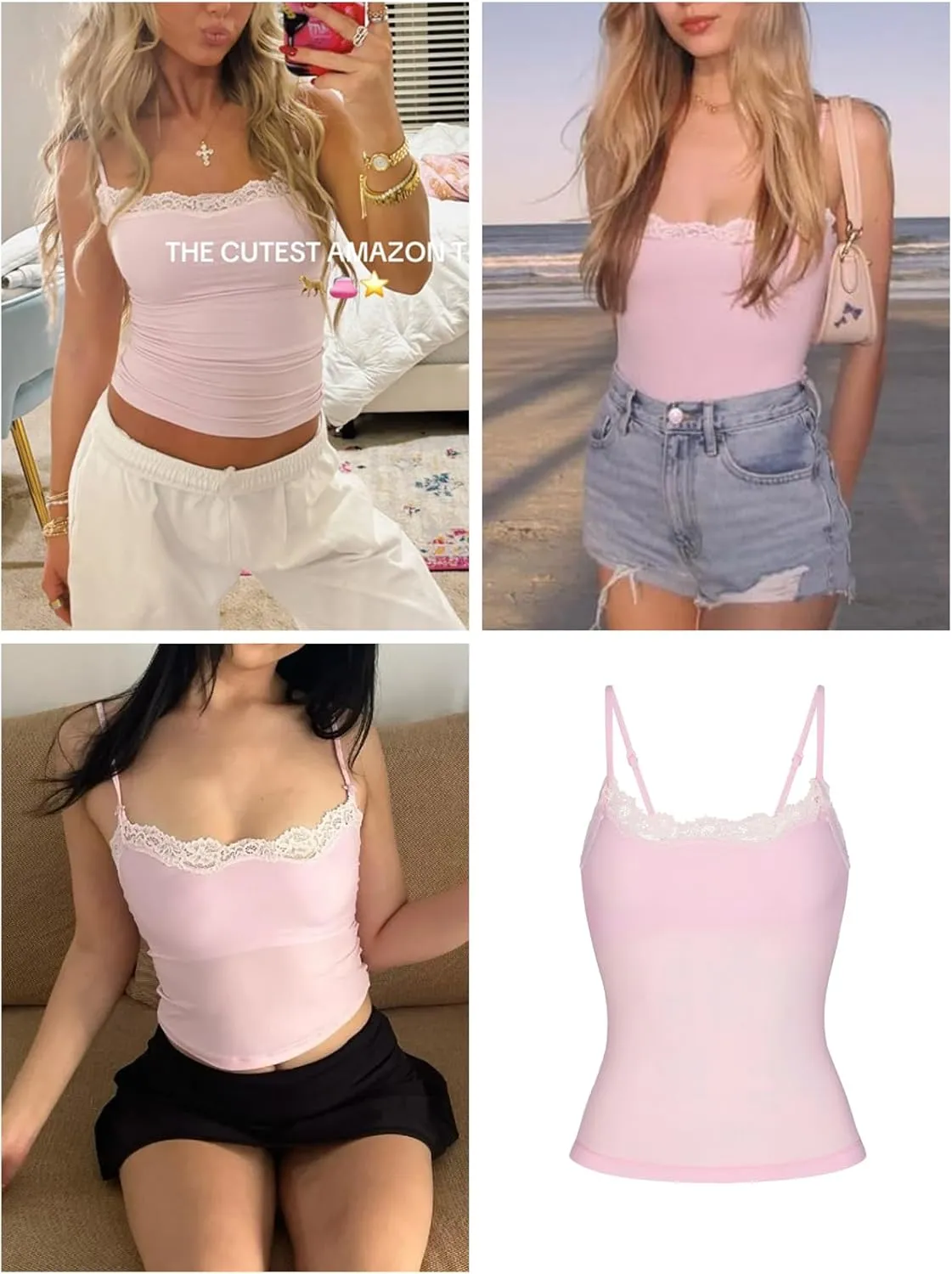 Starrylion Padded Lace Cami Top Double Lined Sexy Tank Top Spaghetti Strap Club Party Shirt