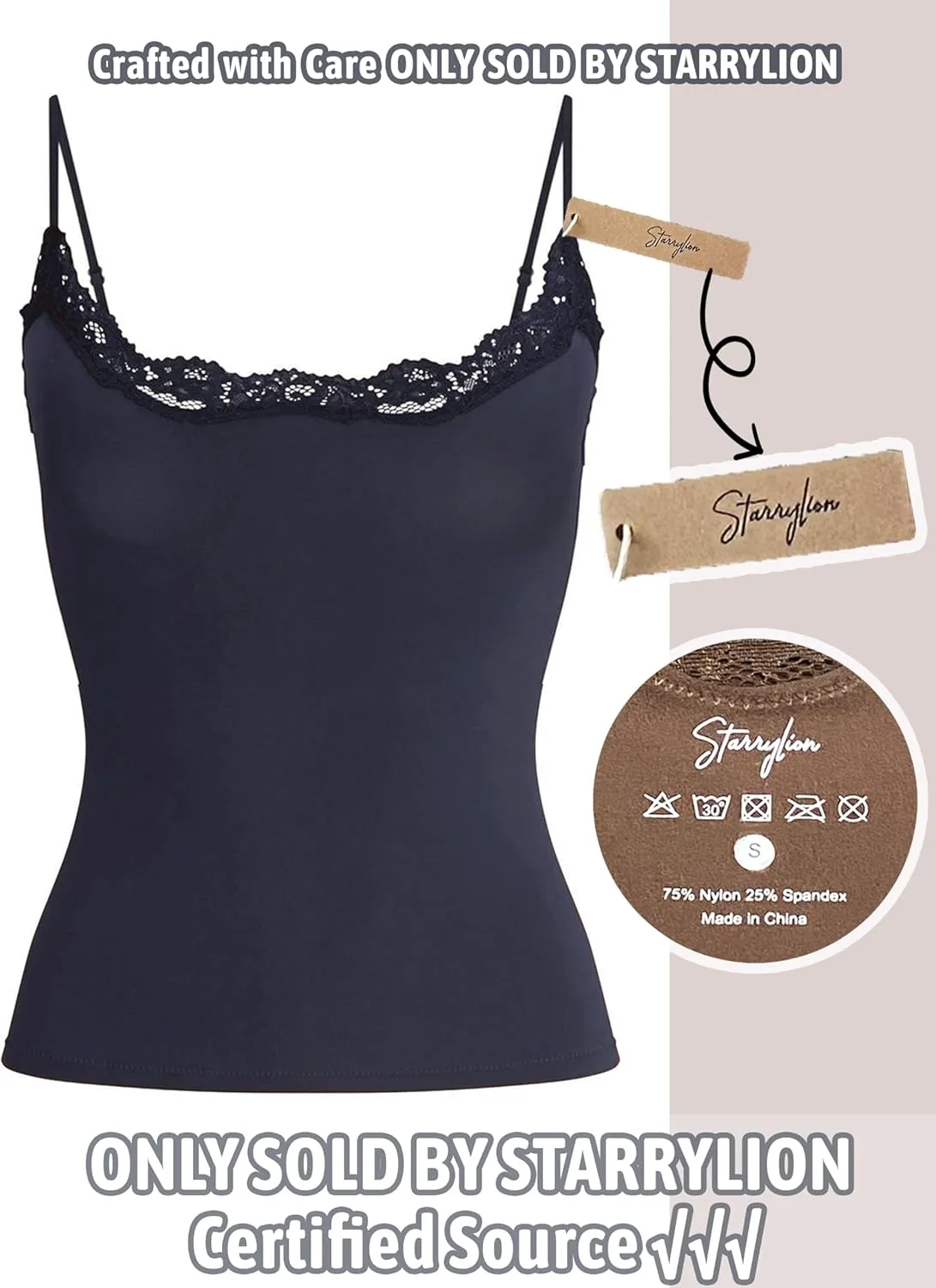 Starrylion Padded Lace Cami Top Double Lined Sexy Tank Top Spaghetti Strap Club Party Shirt