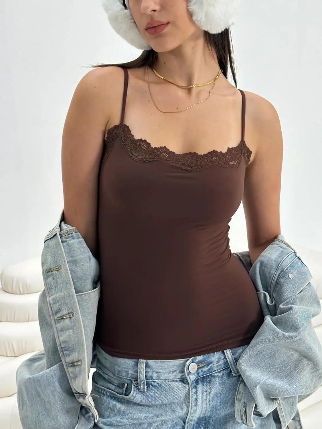Starrylion Padded Lace Cami Top Double Lined Sexy Tank Top Spaghetti Strap Club Party Shirt